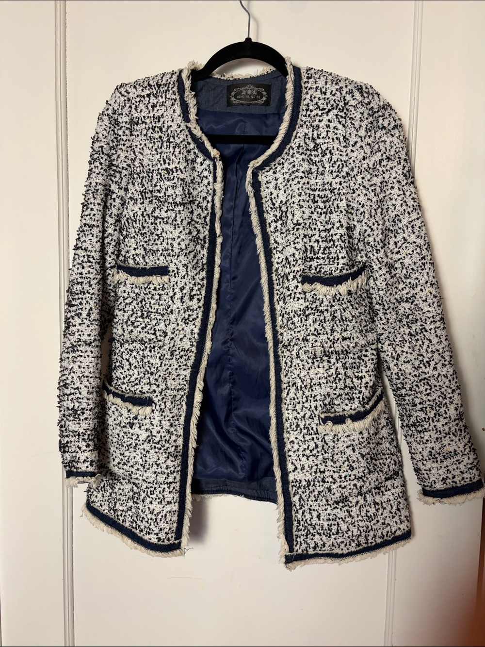 Women’s Tweed Open-Front Jacket in Ivory and Navy